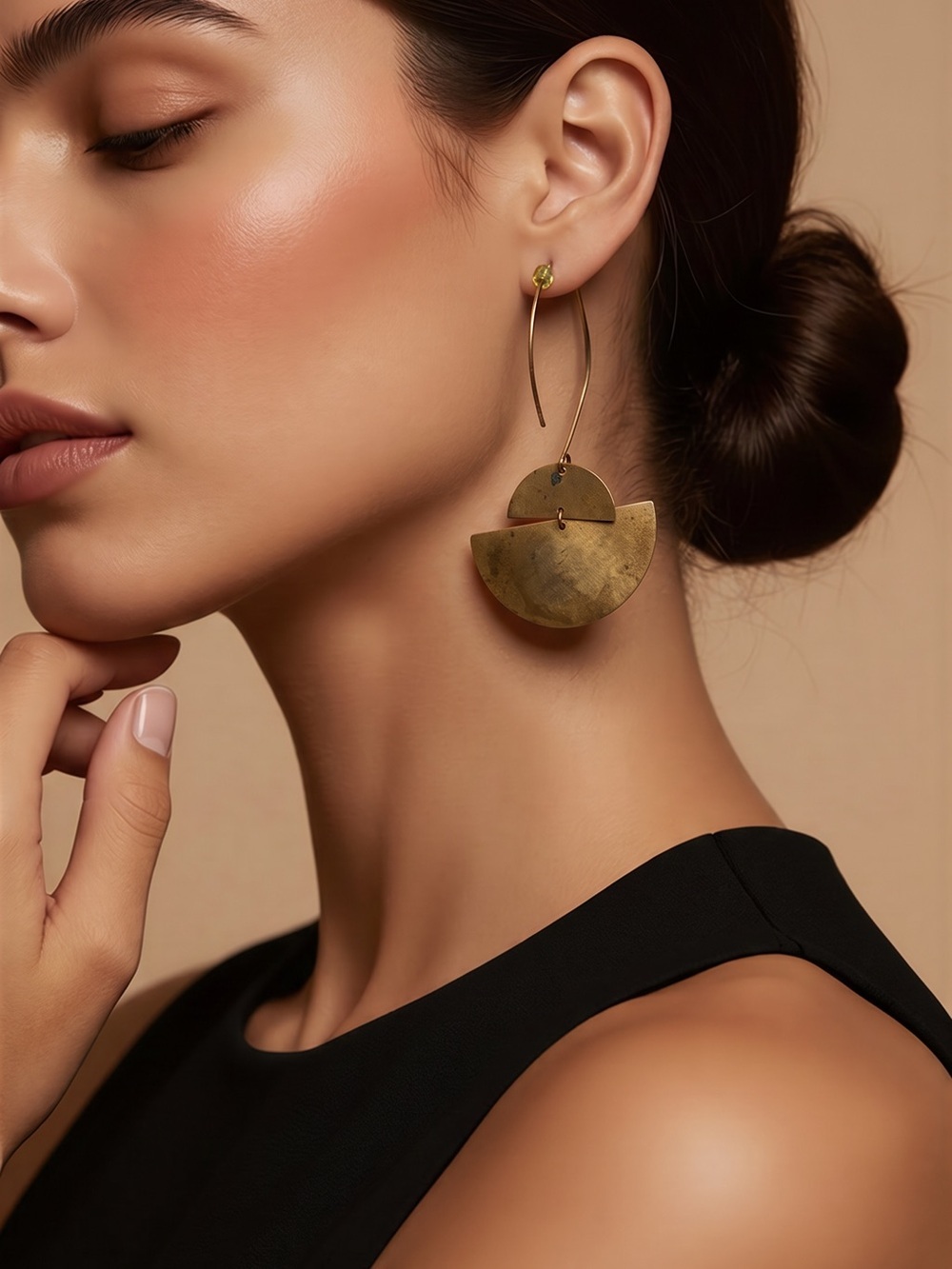 Gold Hammered Long Drop Earrings